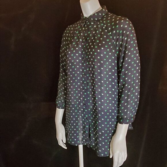 Cabi Blue, Green, & White Sheer Dots Button Down Shirt (XS) - Picture 3 of 7